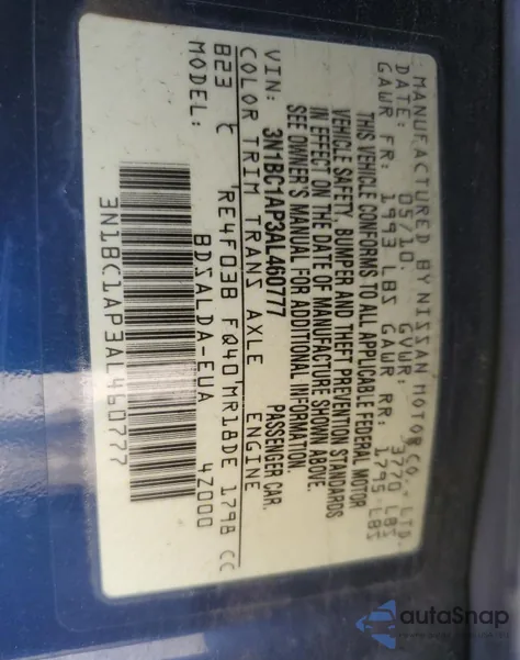 2010 Nissan Versa S из США, поврежденный, VIN 3N1BC1AP3AL460777